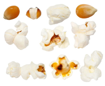 Macro popcorn and corn for popcorn isolated on white background