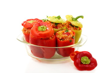 Sweet pepper with vegetable stuffing in a pan for baking.