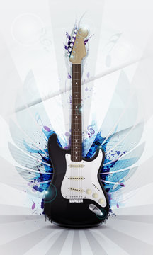 Illustration einer E-Gitarre mit Fl&uuml;geln und Grunge Effekten