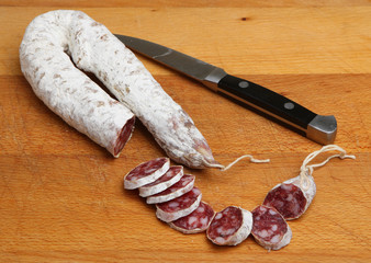 Pork Salami Sausage on Chopping Board