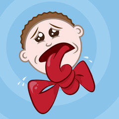 Tongue tied man with blue background