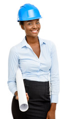 Confident African American woman architect smiling white backgro