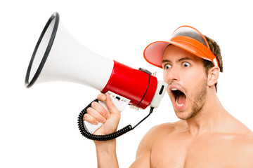 Closeup of crazy lifeguard man shouting in megaphone on white