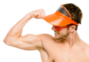 CLoseup of attractive young man flexing bicep muscles on white b