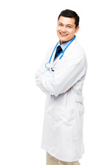 Confident happy Asian male doctor on white background