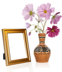 Photo frame and antique vase with decorative garden flower