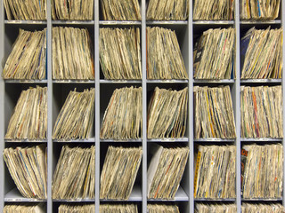 Rack of vinyl records