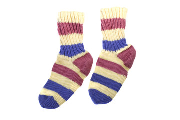 Two multi-colored knitted sock isolated on white