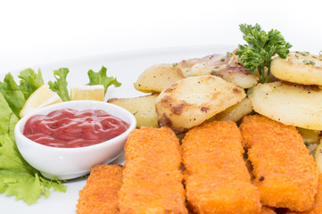 Portion of Fish Fingers with fried Potatoes