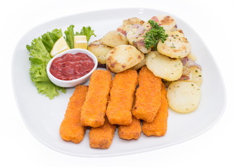 Portion of Fish Fingers with fried Potatoes