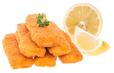 Fish Fingers with lemon pieces on white