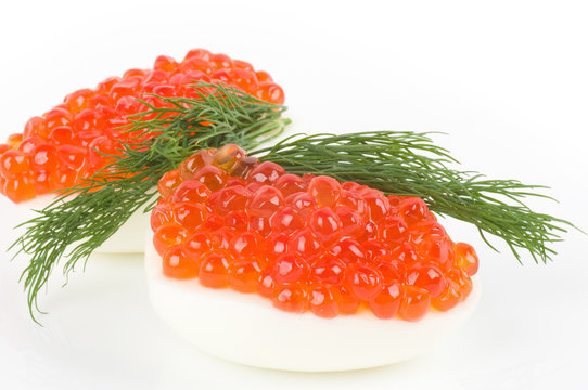 Red caviar with egg on the white background