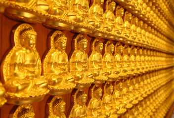 A thousand of small golden Buddha statue on the wall