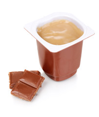 Yogurt with chocolate isolated on white