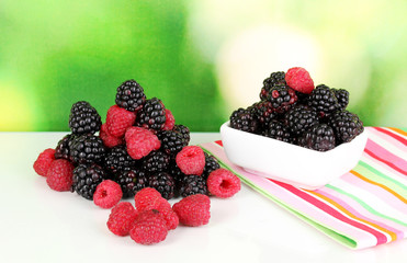 Hill raspberries and brambles on nature background
