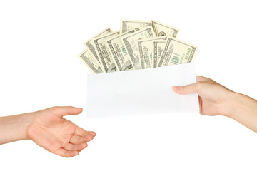 Woman's hand passes the envelope with the salary