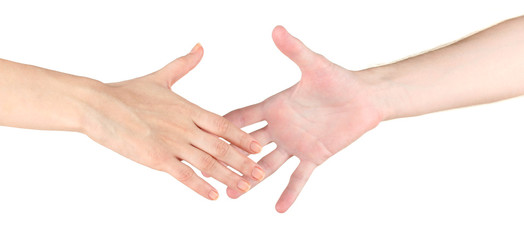 Women's hand goes to the man's hand on white background