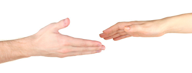 Women's hand goes to the man's hand on white background