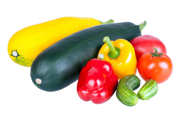 Vegetable marrows, sweet pepper and tomatoes isolated on white
