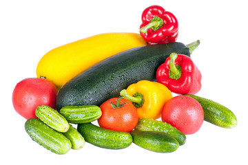 Vegetable marrows, sweet pepper and tomatoes isolated on white