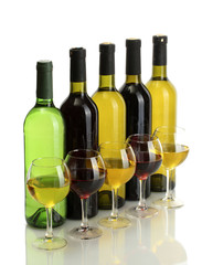 bottles and glasses of wine isolated on white