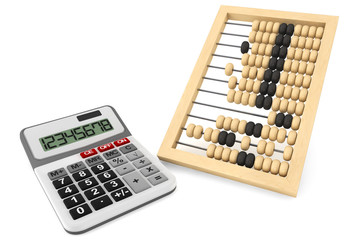 Wooden abacus and calculator