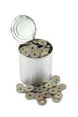 Ancient coin tin can on white background.