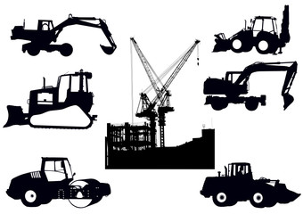 Set of silhouettes of building techniques