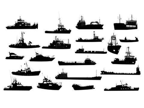 Set of 21 silhouettes of sea yachts, towboat and the ships
