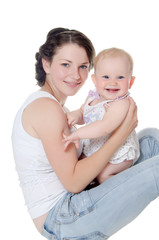 happy mother with baby over white