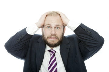 beard business man look shocked on white background