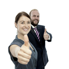 young brunette woman and beard business man thumb up