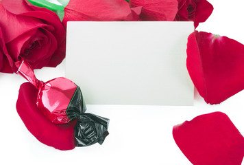 roses and candy with a blank gift card