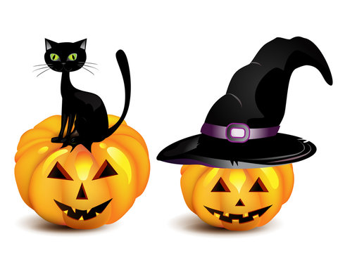 halloween pumpkin in the Black Witch Hat and cat