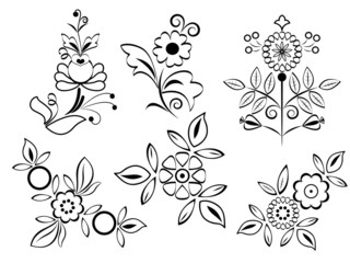 Black and white floral design elements.