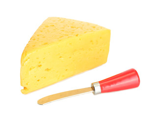 tasty cheese and knife isolated on white