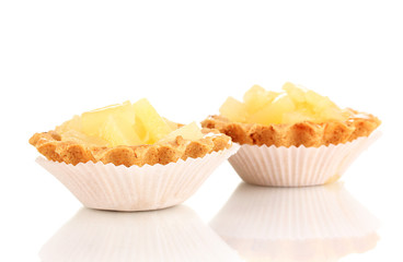sweet cakes with fruits isolated on white