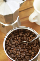 Fototapeta premium Overhead View Of Coffee Beans, Cafetiere And Mug