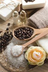 Obraz na płótnie Canvas Aromatic spa coffee set with sea salt and soap