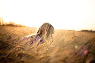 Girl walking in corn field, lens flare