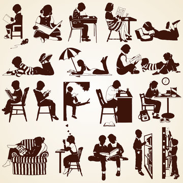 Children silhouettes, vector set of children  reading, learning