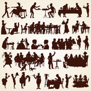 People silhouettes, vector people eating, discussing, serving