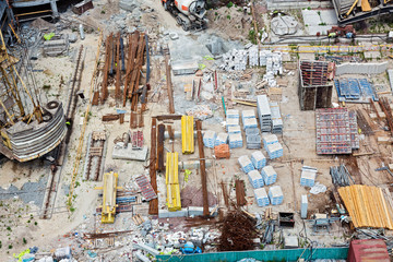Construction site with many equipment and building garbage