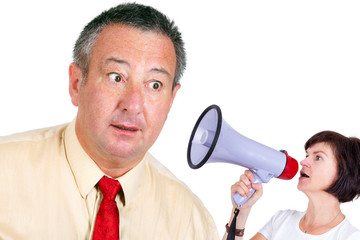 Woman and man with megaphone