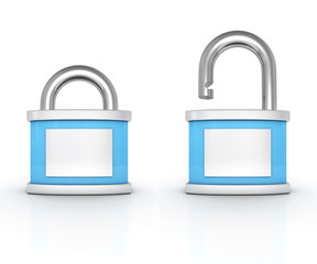 open and closed blue padlocks on whiye background