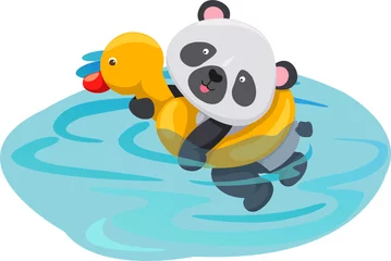Stickers pour porte Rivière, lac panda nageant avec un tube de canard