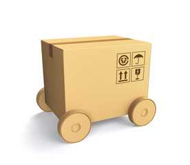 cardboard box on wheels with handling instructions