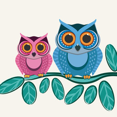 Couple owls birds on a tree branch. Postcard background.