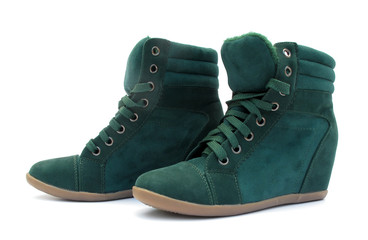 Green high heels leather boots
