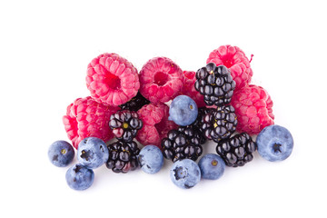 Fresh raspberry blackberry and blueberry fruits isolated 